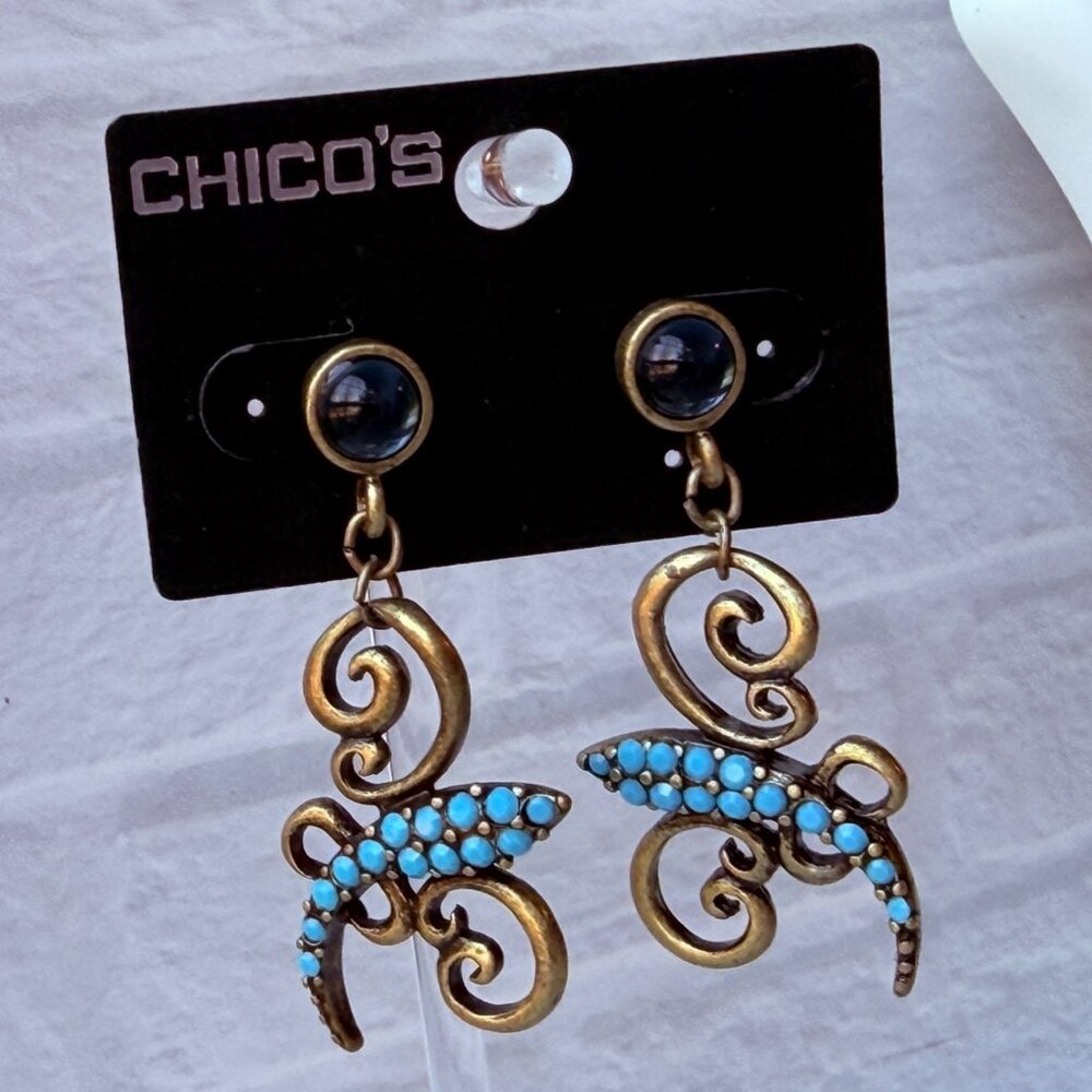 Vintage Y2K Chico’s Turquoise Brass Scroll Drop Earrings with Blue Stone Accents - Picture 4 of 7